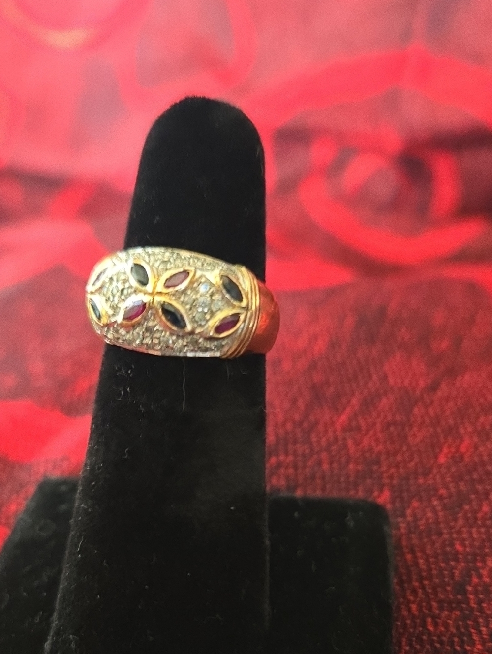 Modernist Sterling, Vermeil gold plated Ring, Sapphire, Ruby, diamond chip Pave